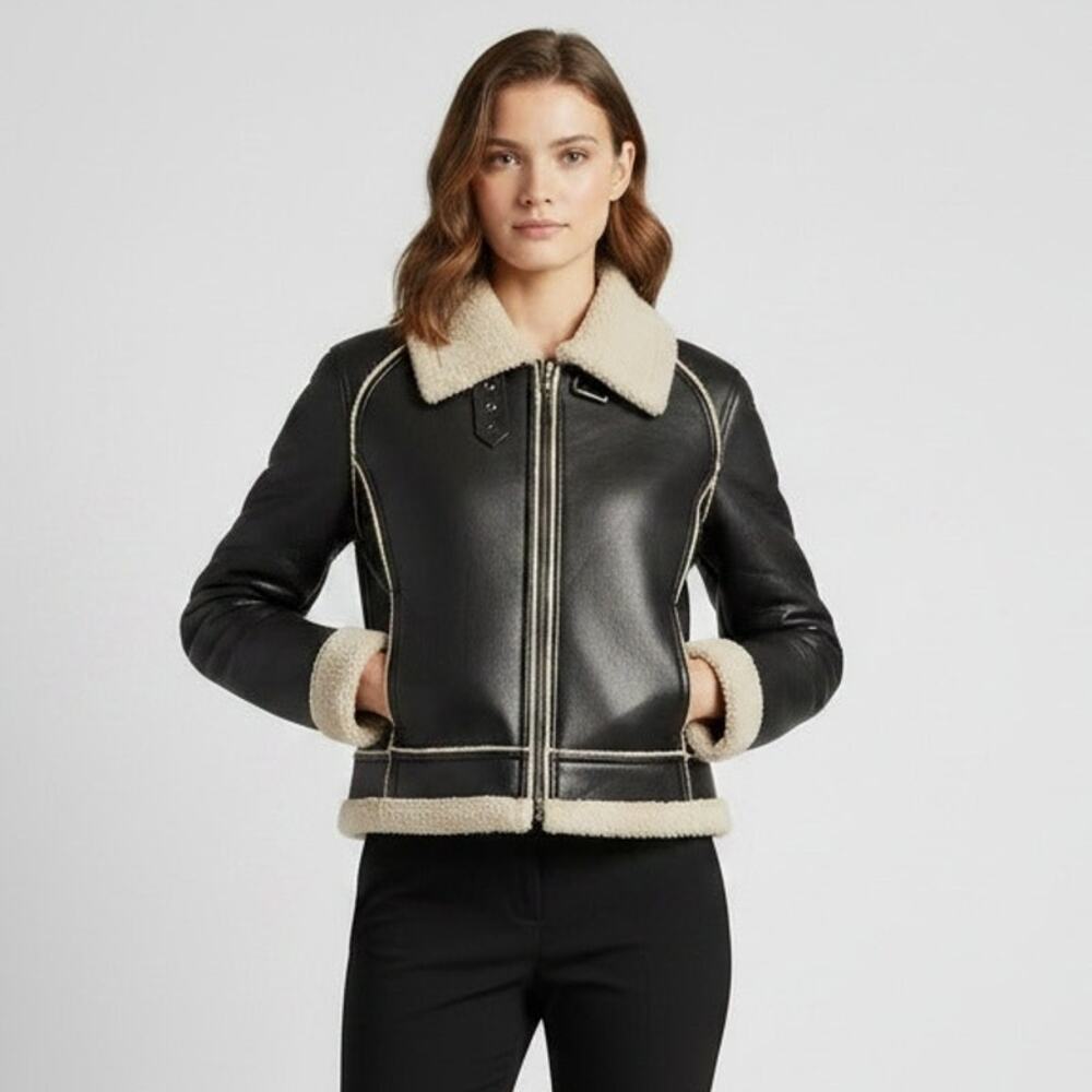 INC International Concepts Brown Genuine Leather Shearling Aviator Jacket M
